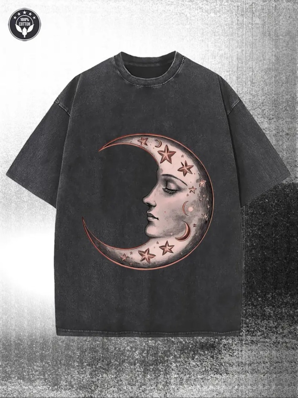 Vintage Black Tee with Crescent Moon Face Graphic